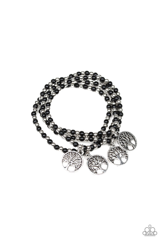 PLANT A TREE - BLACK BEADS SILVER TREE OF LIFE CHARM BRACELETS SET