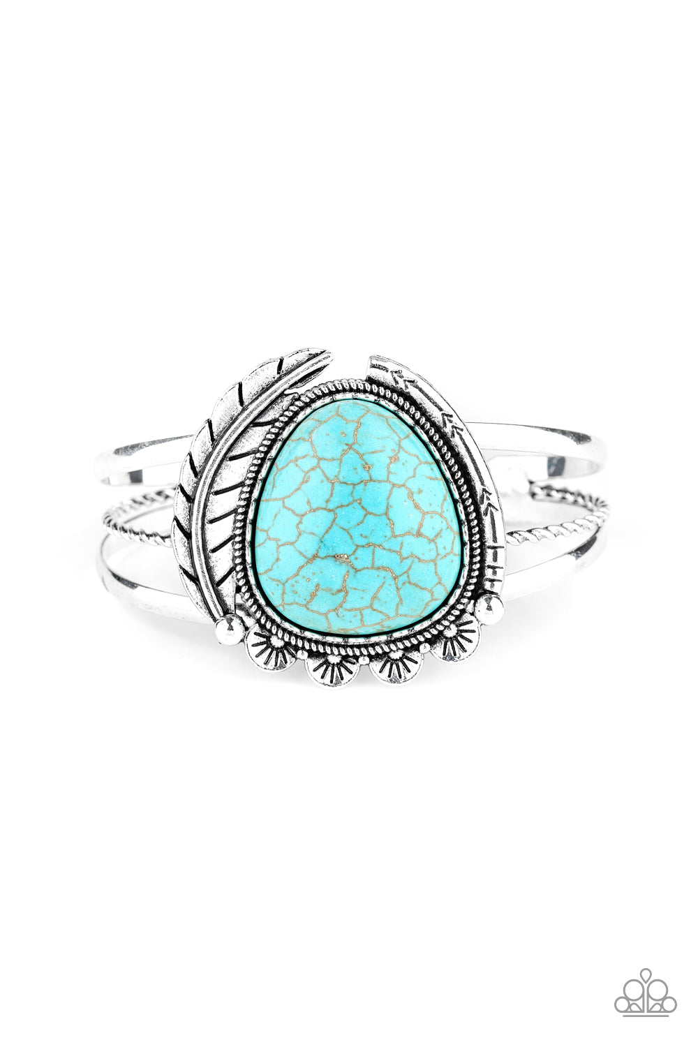 NATURES BOUNTY - BLUE TURQUOISE FEATHER SILVER CUFF BRACELET