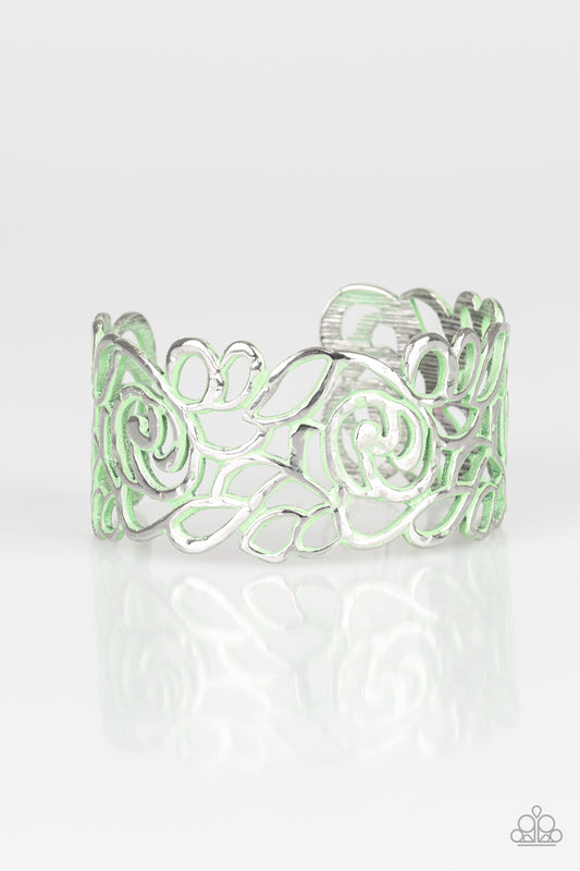 VICTORIAN GARDENS - GREEN FLOWER CUT OUT SILVER CUFF BRACELET