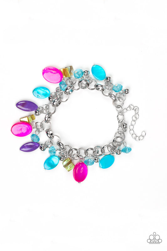 SEASHORE SAILING -MULTI BLUE PURPLE PINK NEON SILVER SHELLS BRACELET