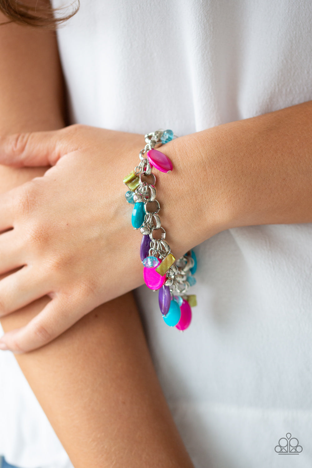 SEASHORE SAILING -MULTI BLUE PURPLE PINK NEON SILVER SHELLS BRACELET