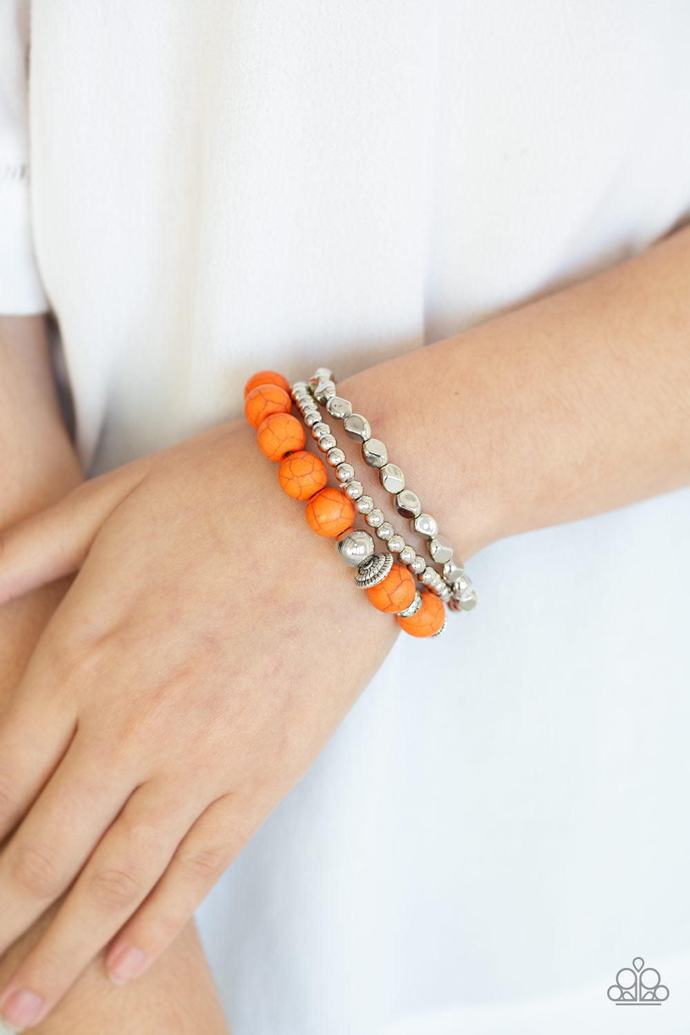 RURAL RESTORATION - ORANGE CRACKLE STONE AND SILVER STRETCH BRACELET SET