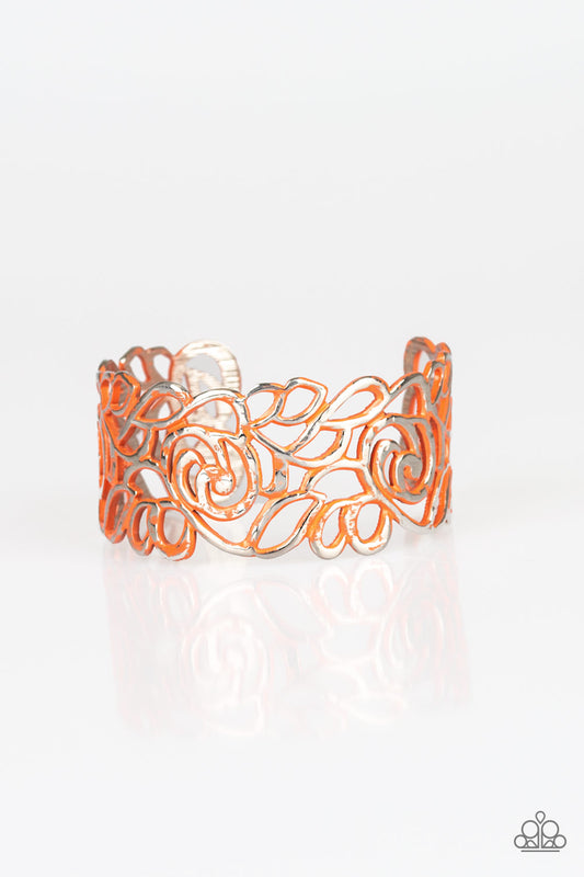 VICTORIAN GARDENS - ORANGE FLOWER FLORAL CUT OUT SILVER CUFF BRACELET