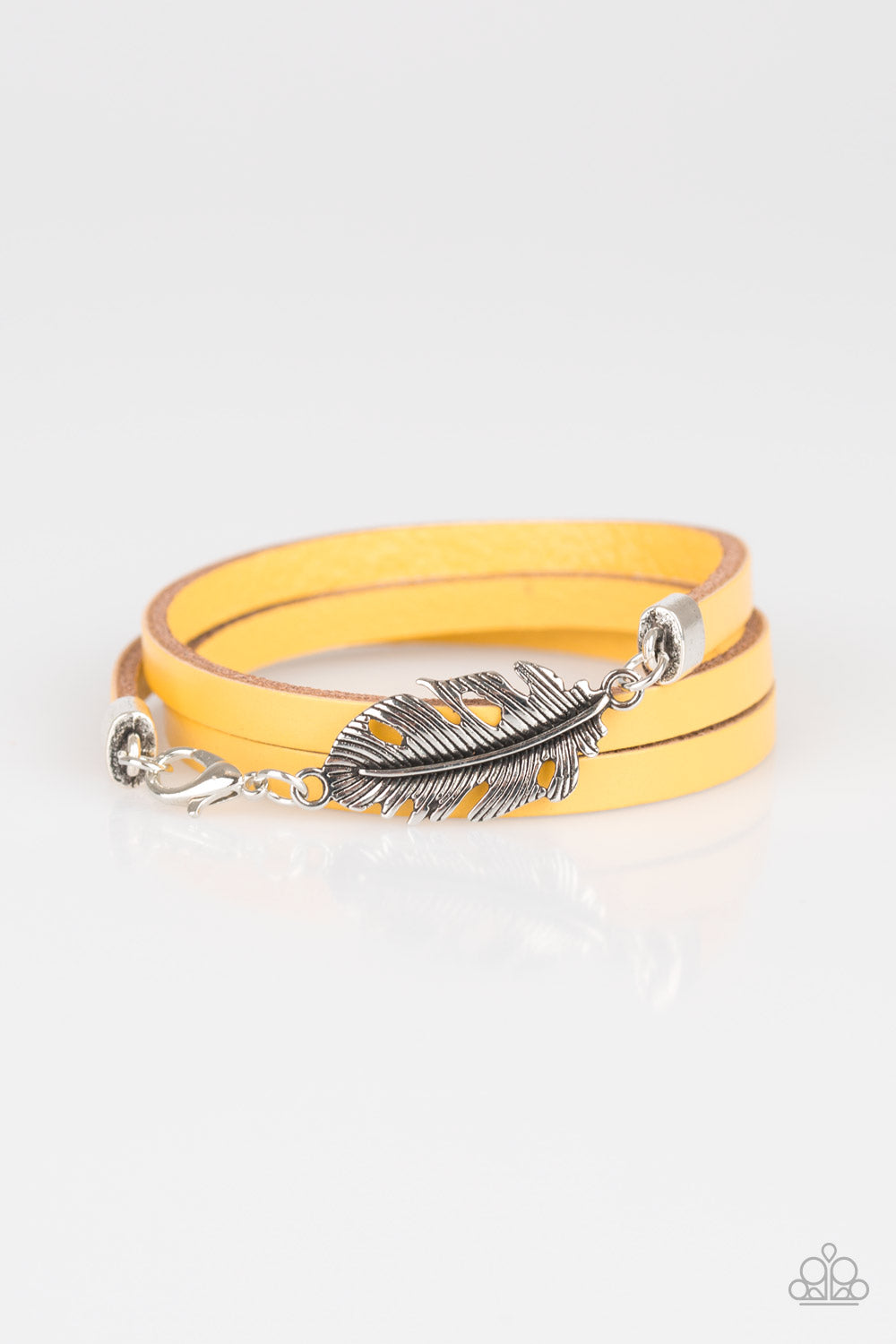 HIGH SPIRITS - YELLOW LEATHER SILVER FEATHER TRIPLE WRAP BRACELET