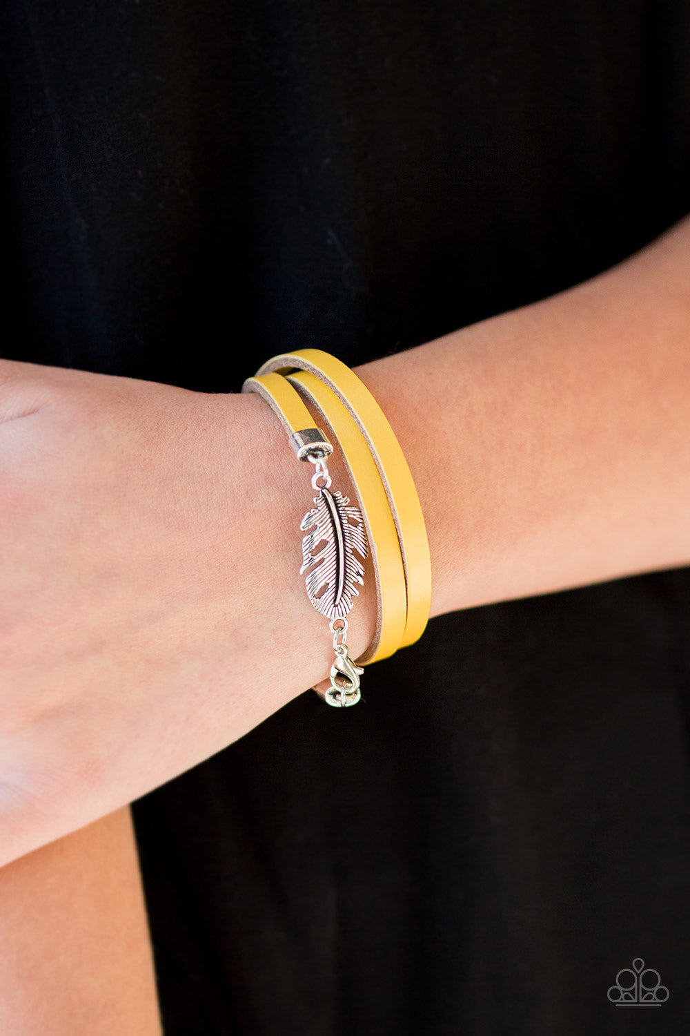 HIGH SPIRITS - YELLOW LEATHER SILVER FEATHER TRIPLE WRAP BRACELET