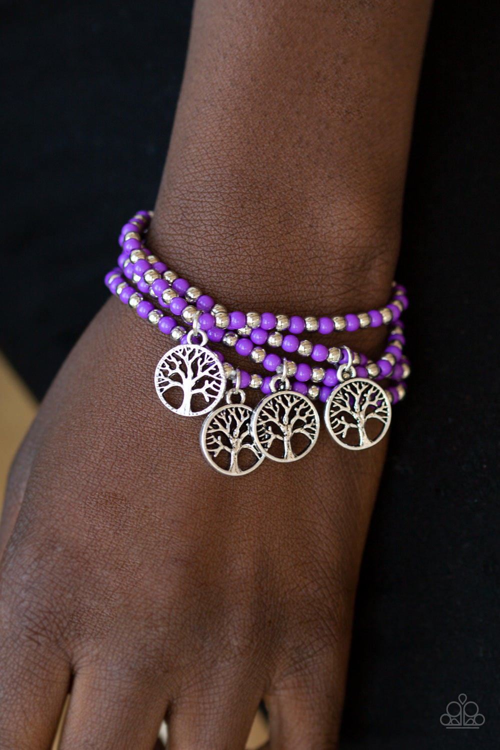 PLANT A TREE - PURPLE BEADS SILVER TREE OF LIFE CHARM BRACELETS SET