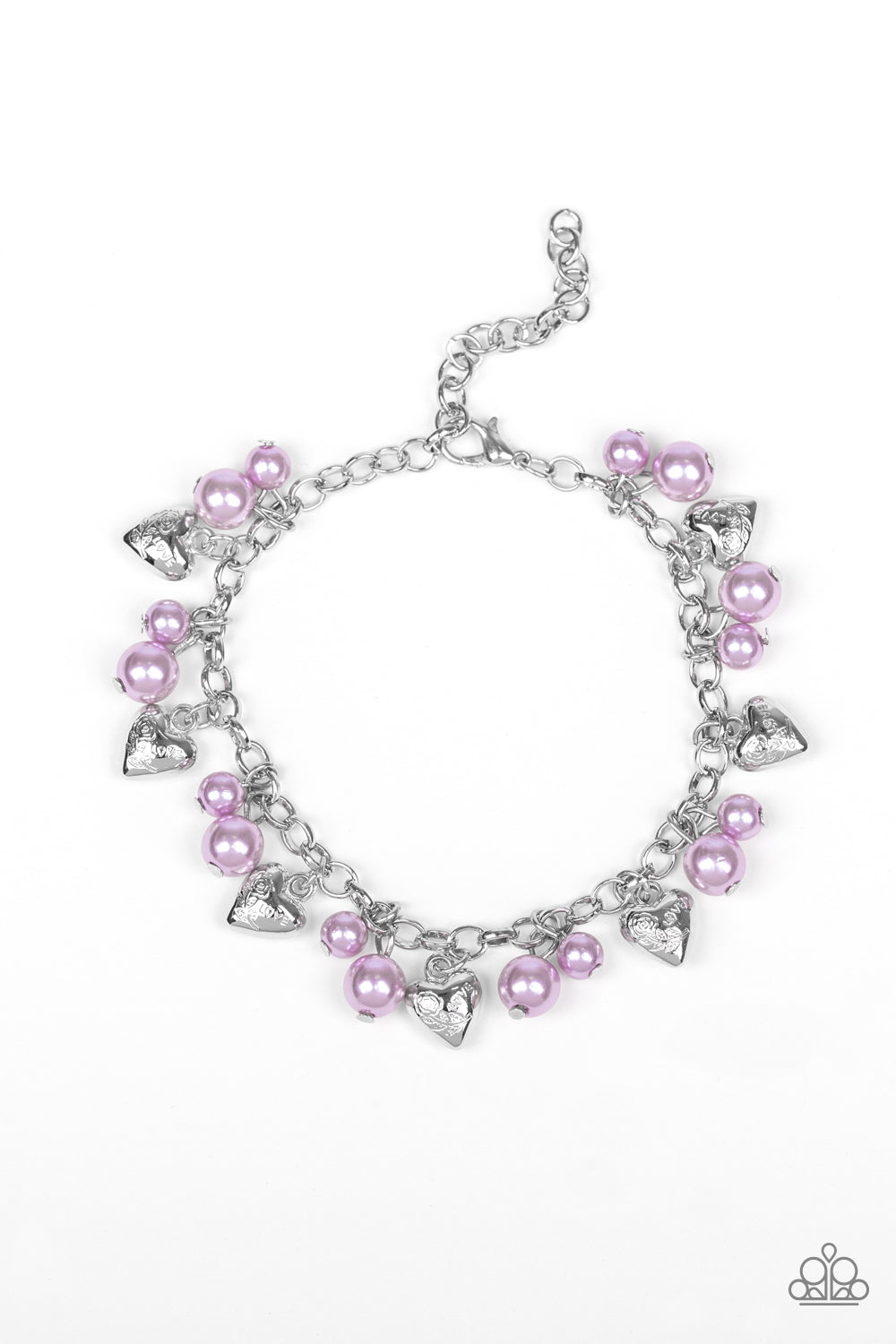 ONE OF A KIND-HEARTED - PURPLE LAVENDER PEARLS SILVER HEARTS CHARM BRACELET