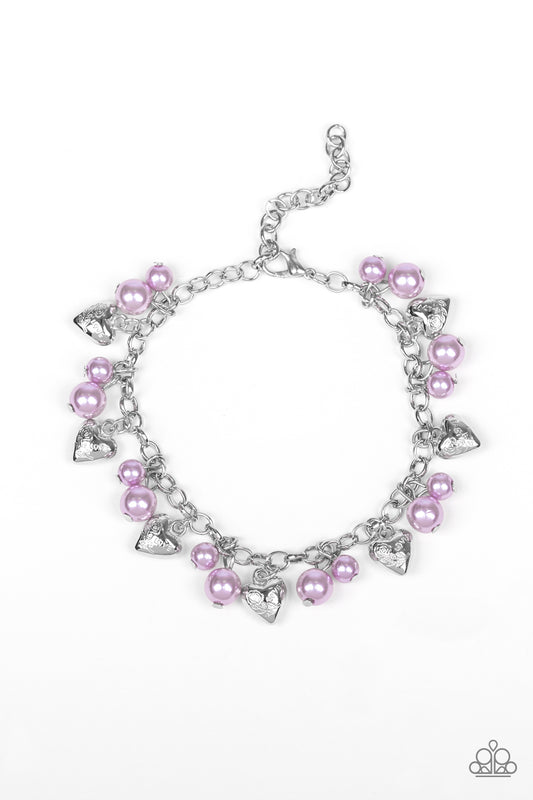 ONE OF A KIND-HEARTED - PURPLE LAVENDER PEARLS SILVER HEARTS CHARM BRACELET