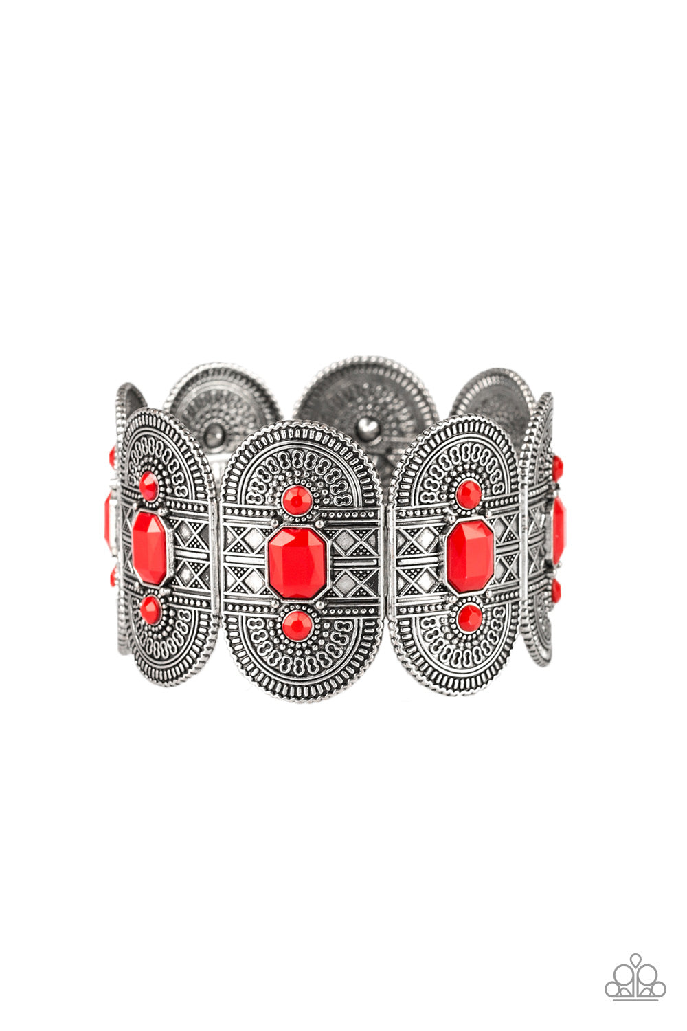 TURN UP THE TROPICAL HEAT - RED BEADS TEXTURED SILVER STRETCH BRACELET