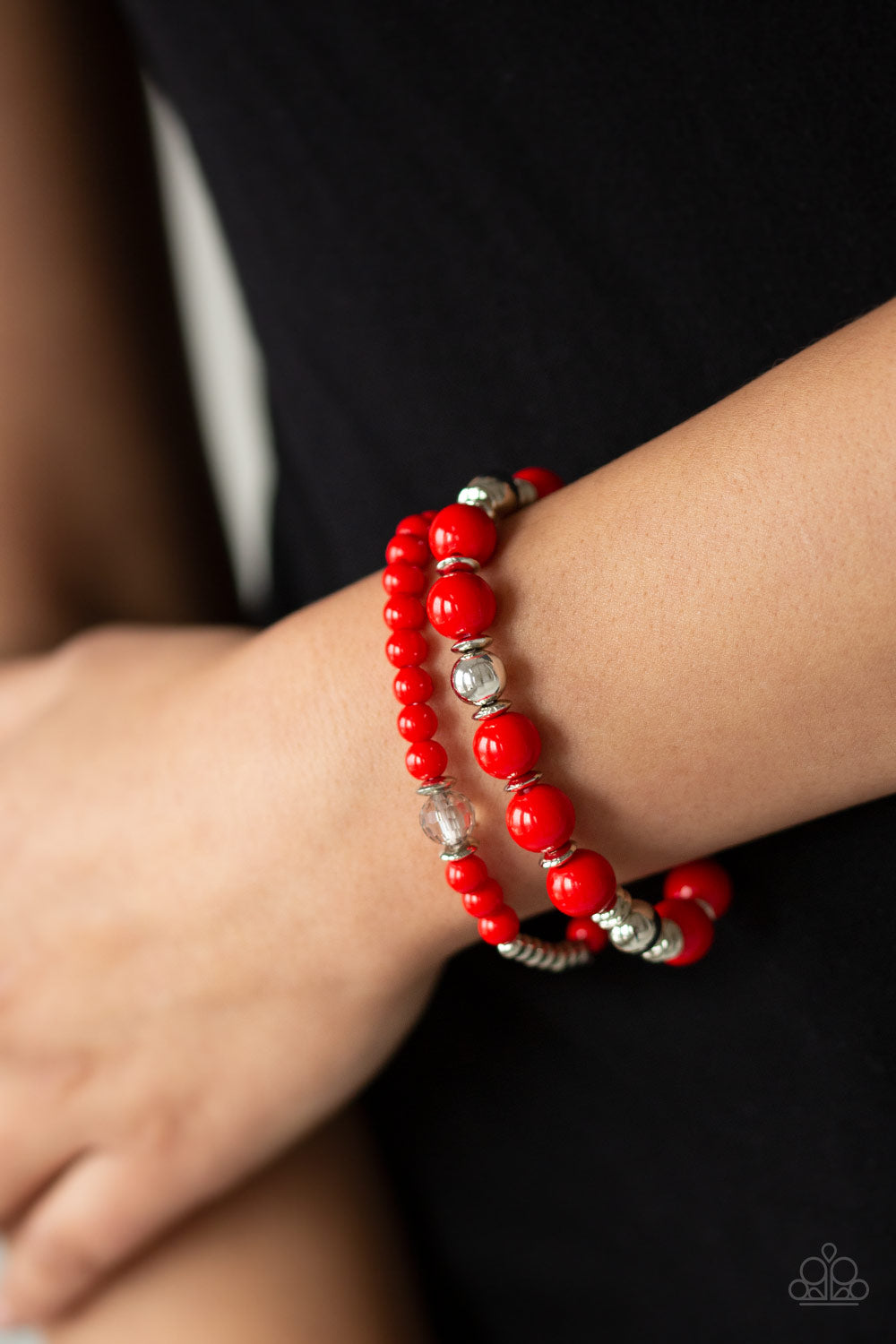 COLORFUL COLLISIONS - RED SILVER STRETCH BRACELETS SET