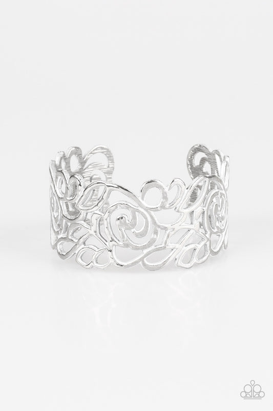VICTORIAN GARDENS - WHITE FLOWER FLORAL CUT OUT SILVER CUFF BRACELET