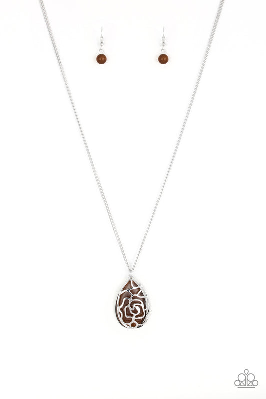 GLEAMING GARDENS - BROWN MOONSTONE TEARDROP SILVER ROSE OVERLAY NECKLACE
