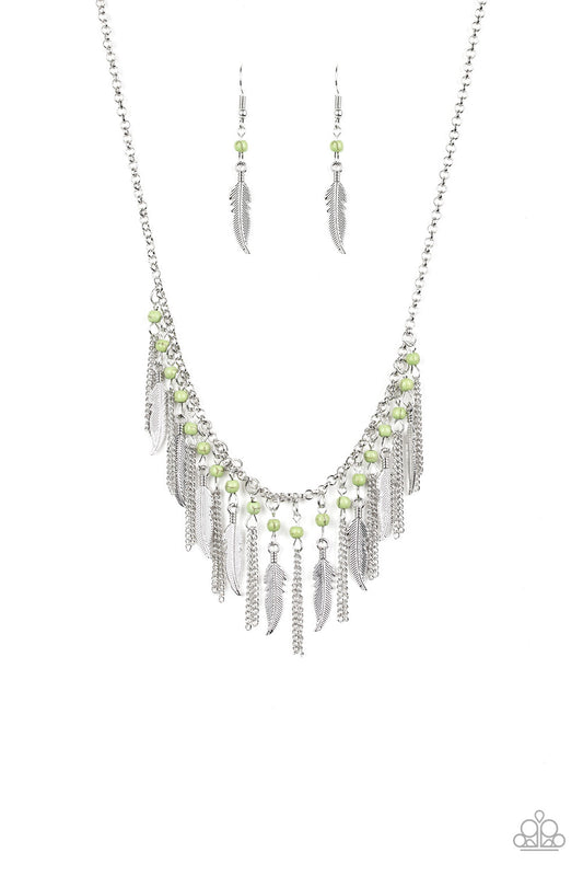 FEATHERED FEROCITY - GREEN FEATHER FRINGE NECKLACE