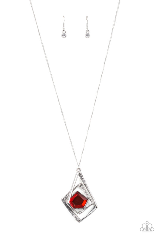 A MODERN CITIZEN - RED RUBY RHINESTONE GEOMETRIC SILVER NECKLACE