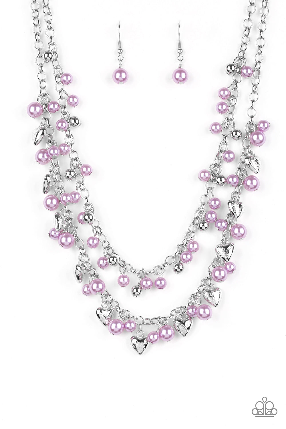 KINDHEARTED HEART - PURPLE LAVENDER PEARLS SILVER HEARTS CHARM NECKLACE