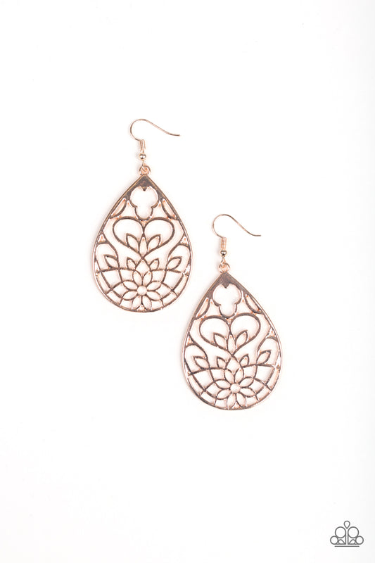 LOVELY LOTUS - ROSE GOLD FLORAL TEARDROP CUTOUT EARRINGS