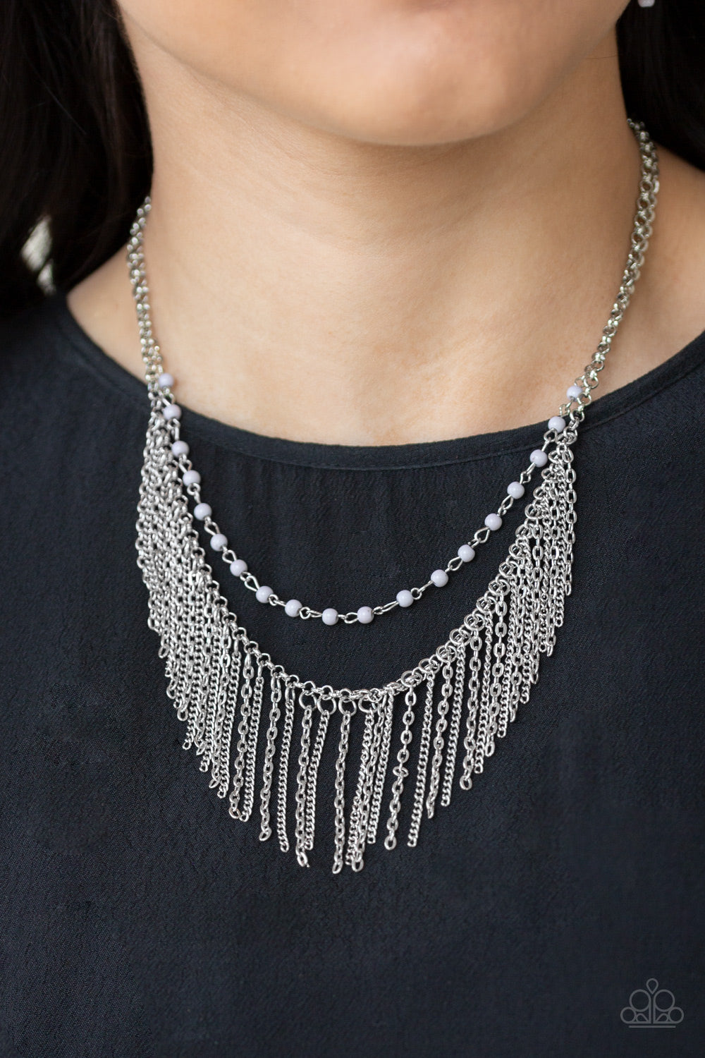 FIERCE IN FRINGE - SILVER GRAY BEADS NECKLACE