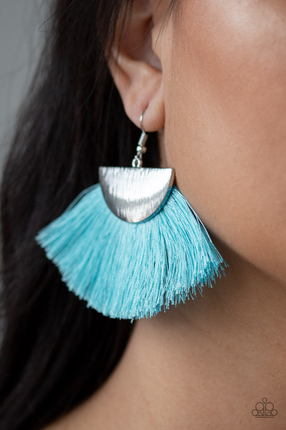 FOX TRAP - BLUE AQUA THREAD SILVER TEXTURED HALF CIRCLE FRINGE EARRINGS