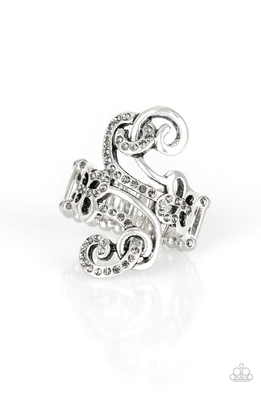 WALTZING WONDERS - SILVER BLACK DIAMOND RHINESTONE FILIGREE RING