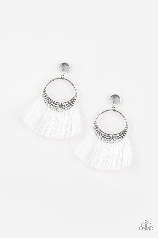 SPARTAN SPIRIT - WHITE THREAD TEXTURED SILVER POST FRINGE EARRINGS