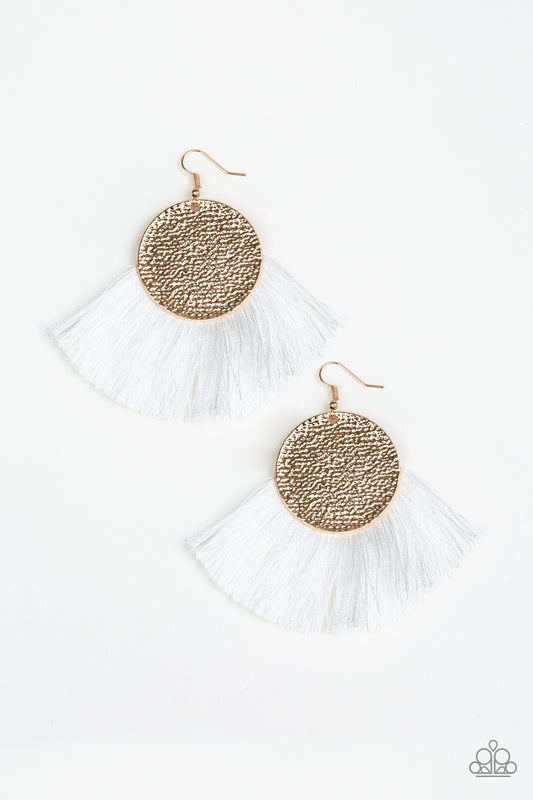 FOXTROT FRINGE - GOLD WHITE THREAD GOLD TEXTURED DISC FRINGE EARRINGS