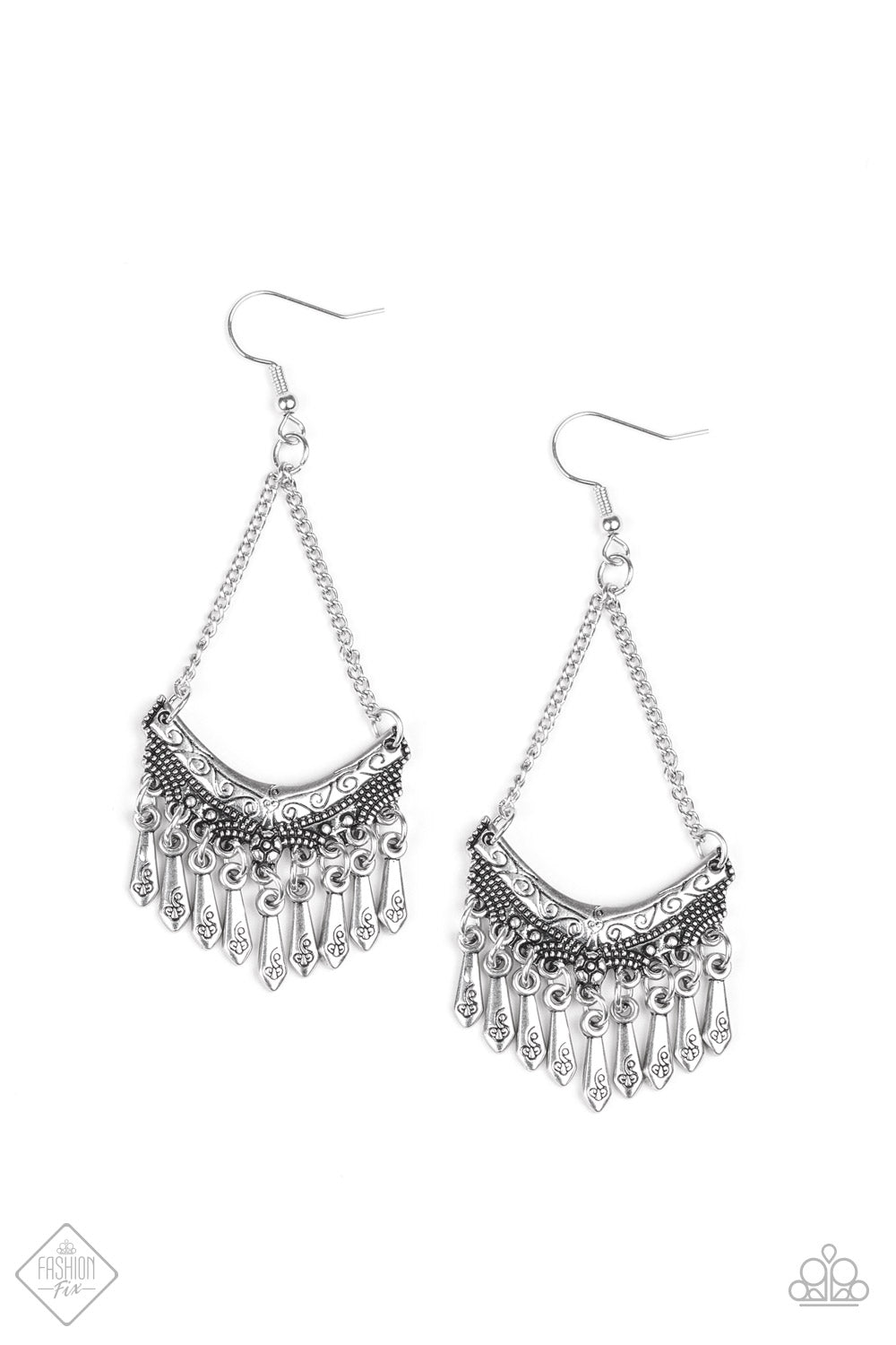 IN ROGUE - SILVER TEXTURED CRESCENT FRINGE FASHION FIX EARRINGS