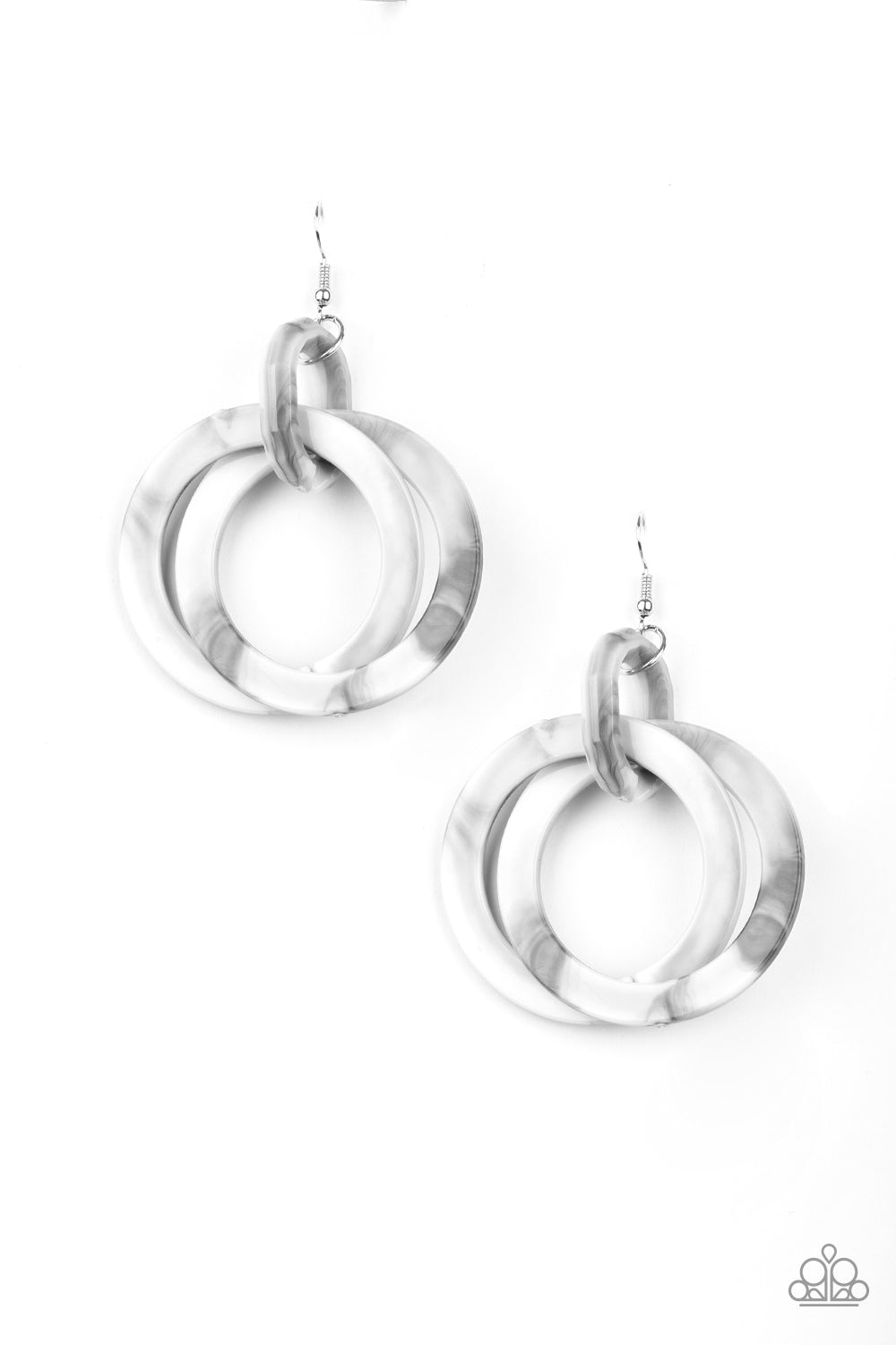 RETRO RIVIERA - SILVER GRAY WHITE MARBLED DOUBLE HOOP ACRYLIC EARRINGS
