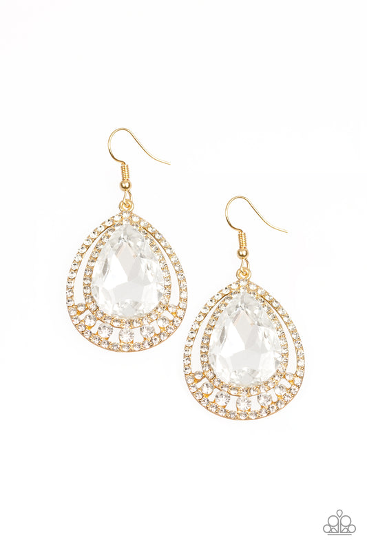 ALL RISE FOR HER MAJESTY - GOLD TEARDROP LARGE CLEAR RHINESTONE PENDANT EARRINGS