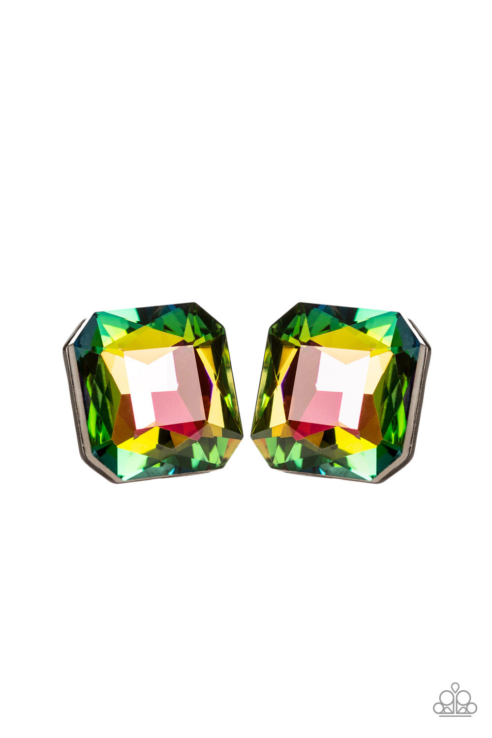 SHOW GLOW - LARGE OIL SPILL SQUARE RHINESTONE SOLITAIRE POST EARRINGS