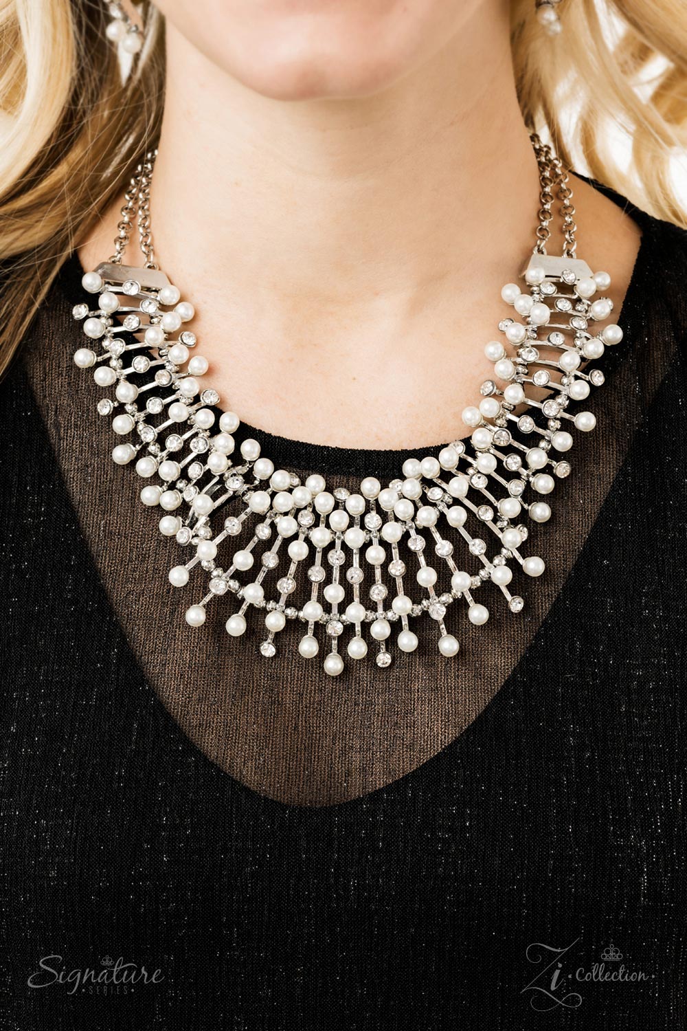 THE LEANNE - WHITE PEARLS SILVER BARS COLLAR 2019 ZI NECKLACE