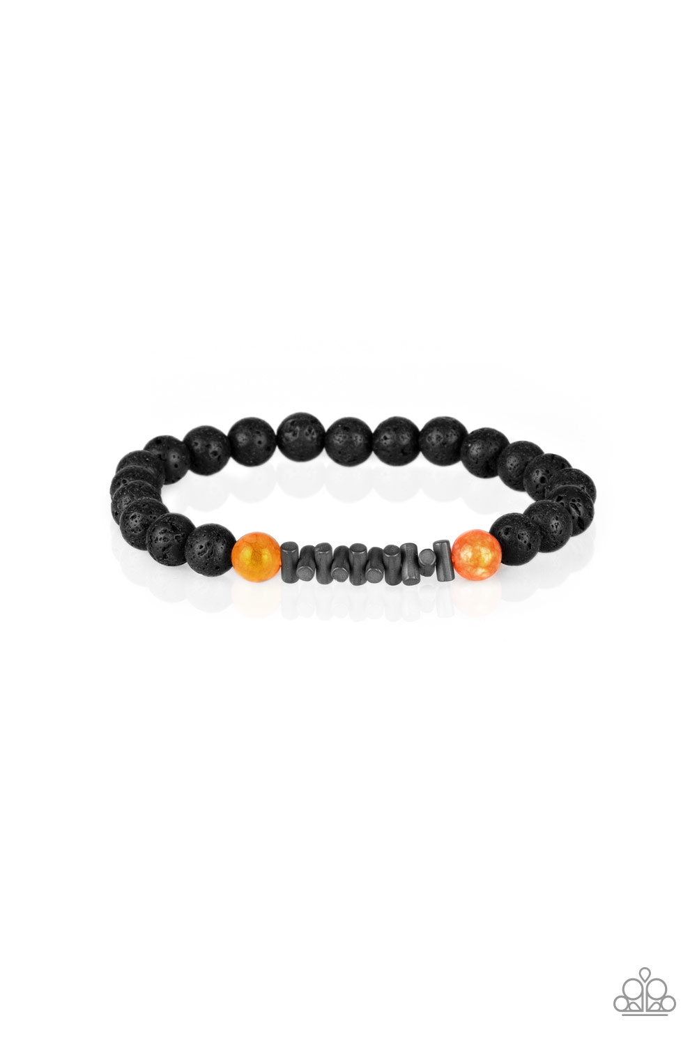 COURAGE - ORANGE STONE BLACK METAL LAVA BEADS STRETCH BRACELET