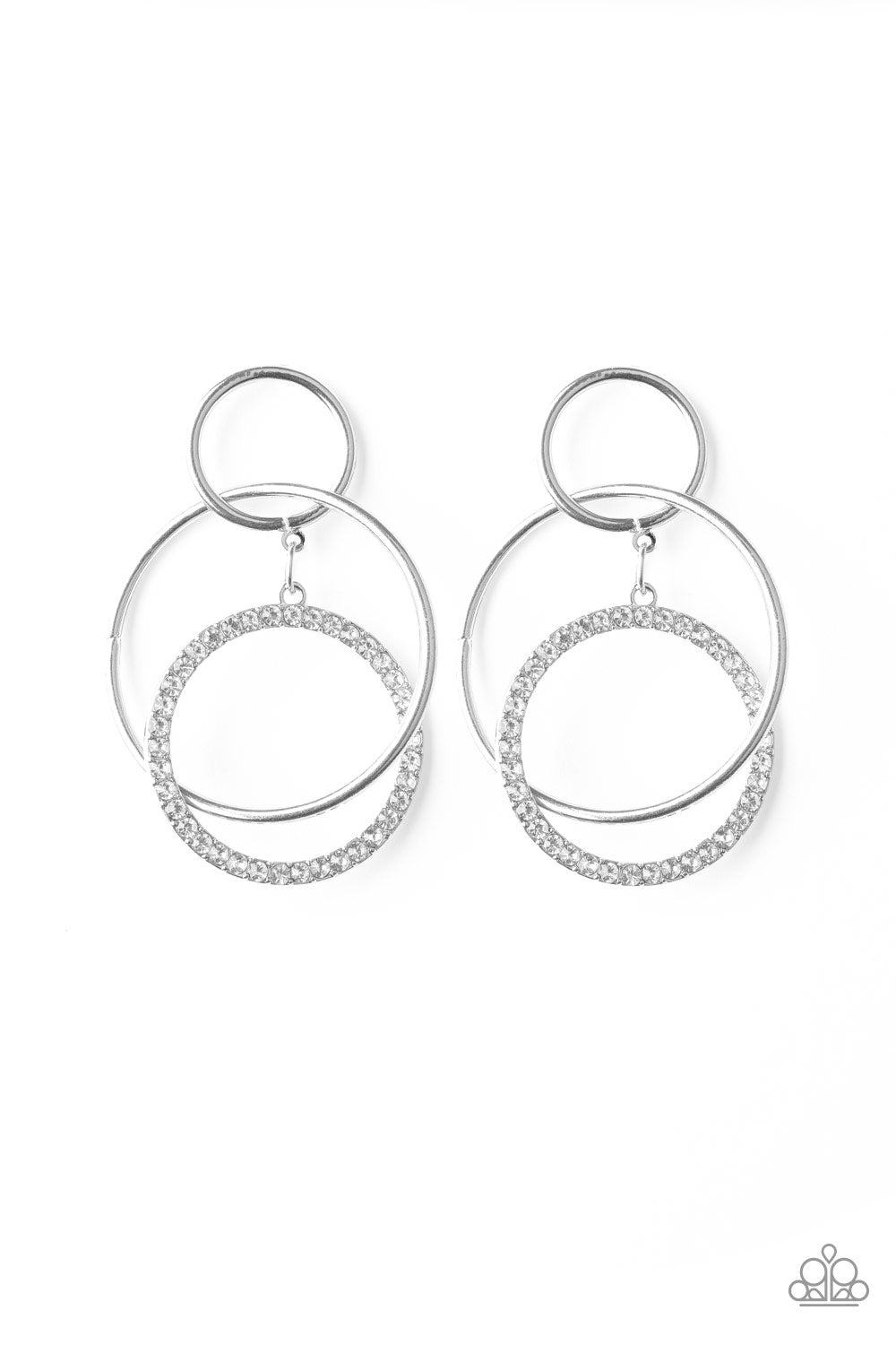 METRO BLISS - WHITE CLEAR RHINESTONES TRIPLE CIRCLES POST LIFE OF THE PARTY HOOP EARRINGS