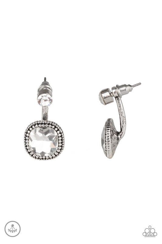 CELEBRITY CACHE - WHITE RHINESTONE SQUARE CUT DOUBLE POST JACKET EARRINGS