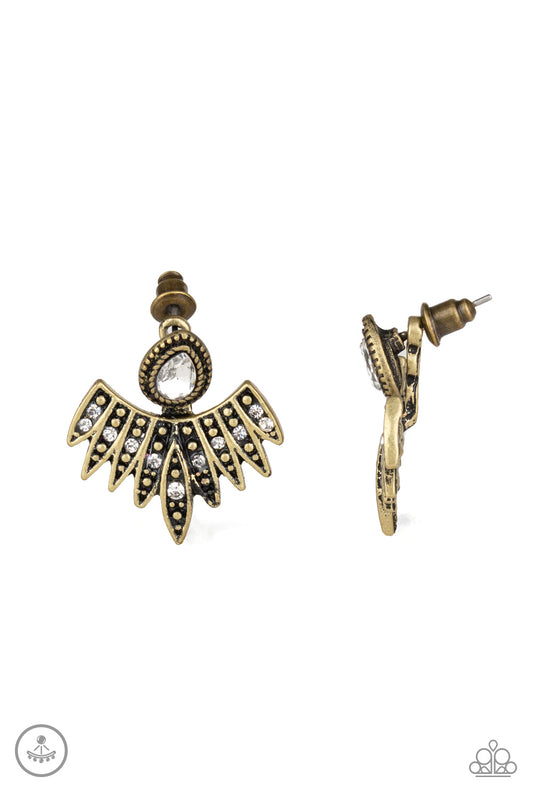 WING FLING - BRASS WINGS CLEAR RHINESTONES DOUBLE POST JACKET EARRINGS