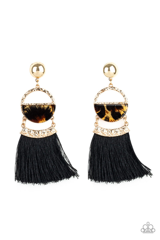 TASSEL TROT - MULTI GOLD AND BLACK TORTOISE SHELL ANIMAL PRINT ACRYLIC FRINGE POST EARRINGS