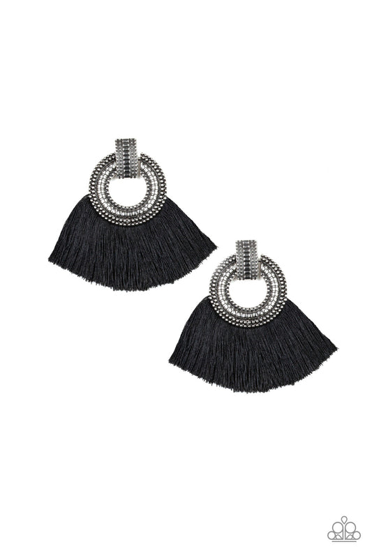 I AM SPARTACUS - BLACK THREAD TEXTURED SILVER FRAME FRINGE EARRINGS