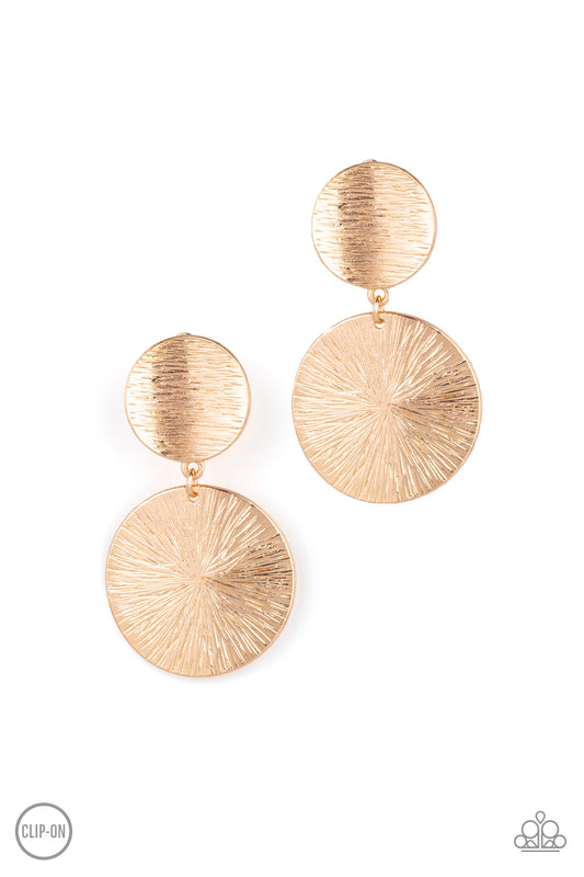 BRIGHT ON CUE - GOLD TEXTURED DOUBLE CIRCLE CLIPON EARRINGS