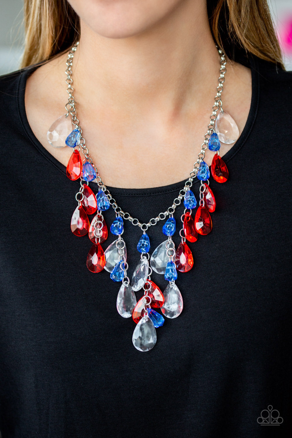 IRRESISTIBLE IRIDESCENCE - MULTI RED WHITE BLUE CLEAR 4TH OF JULY ACRYLIC NECKLACE