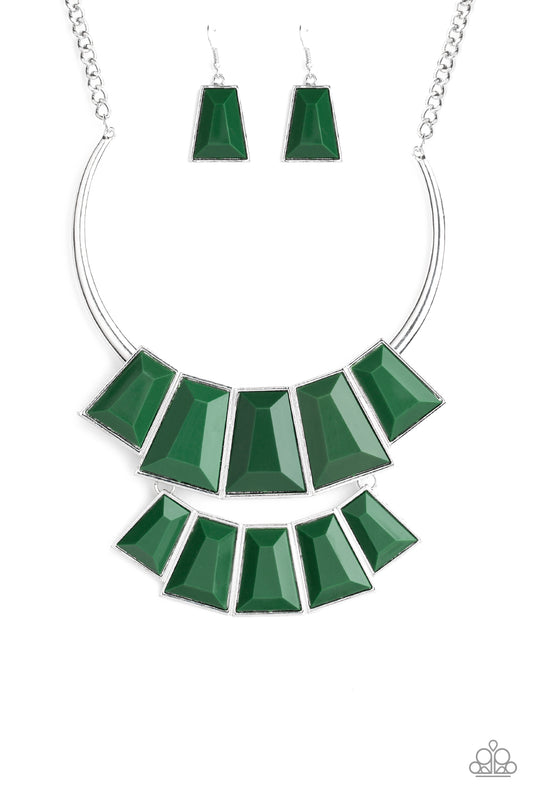 LIONS, TIGRESS, AND BEARS - GREEN GEOMETRIC CRESCENT BIB NECKLACE