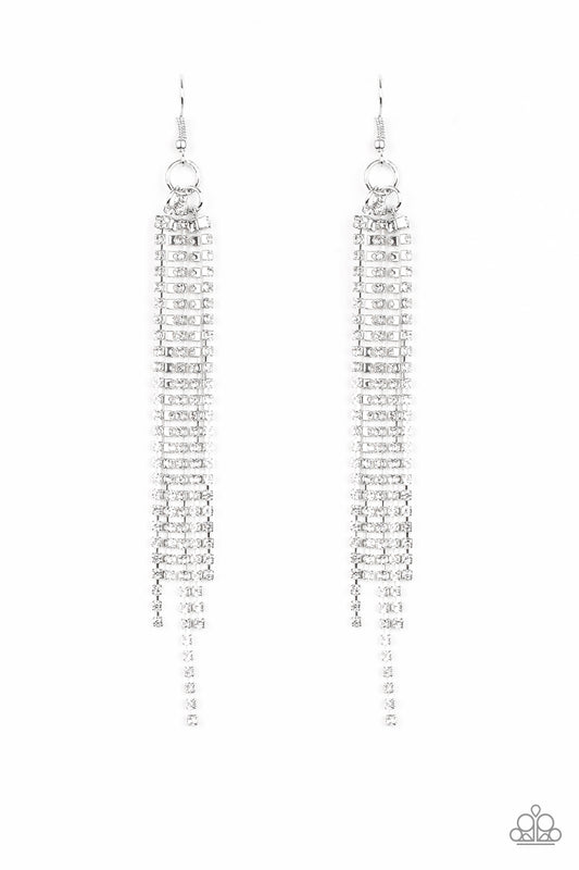 CENTER STAGE STATUS - WHITE RHINESTONES SILVER CHAIN TASSEL FRINGE EARRINGS