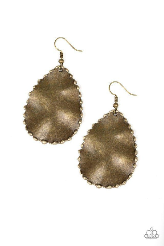 TRAIL WARE - BRASS TEARDROP CRINKLE SCALLOPED EDGES FOIL EARRINGS