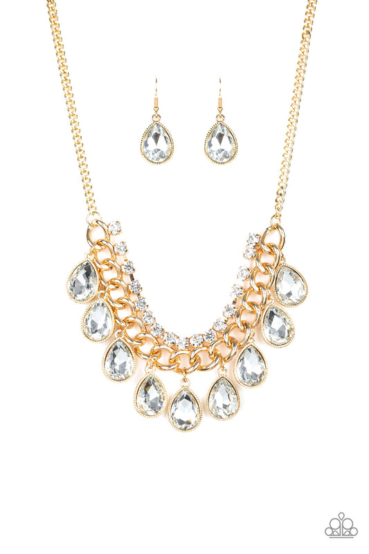 ALL TOGET-HEIR NOW - GOLD TEARDROP RHINESTONES FRINGE NECKLACE