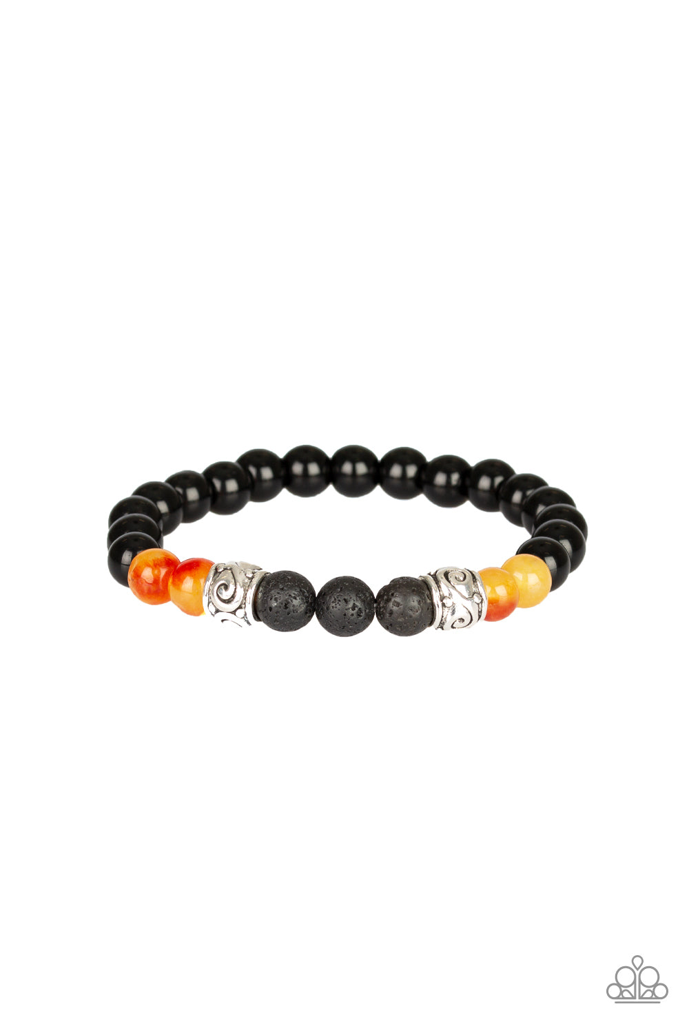 PROVERB - ORANGE YELLOW RED BLACK LAVA BEAD SILVER STRETCH BRACELET