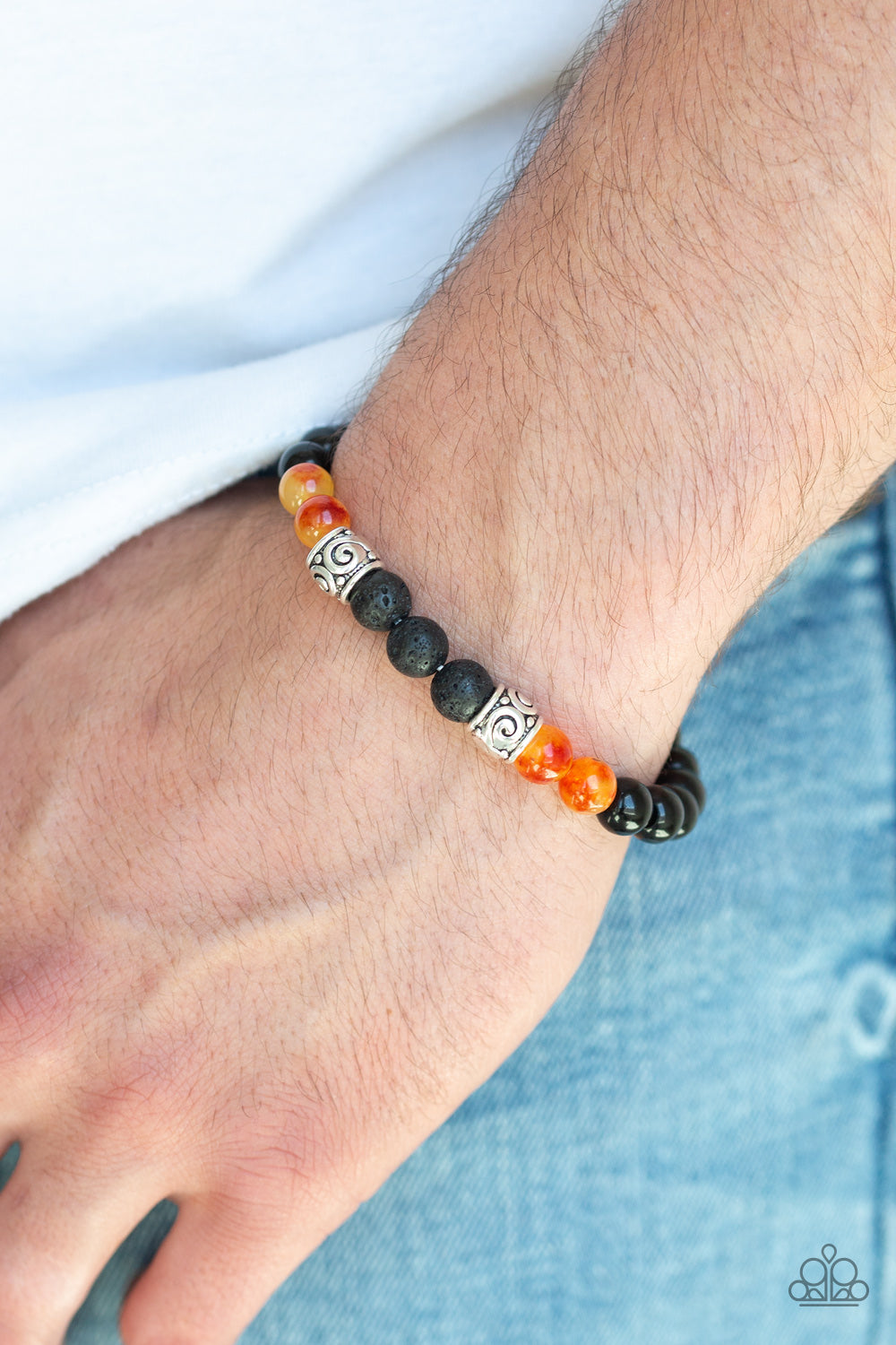 PROVERB - ORANGE YELLOW RED BLACK LAVA BEAD SILVER STRETCH BRACELET