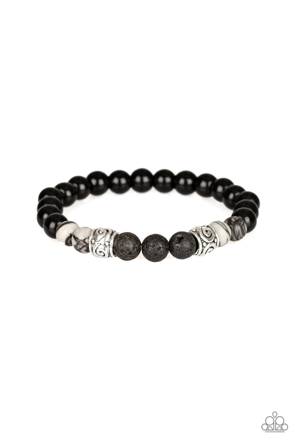PROVERB - SILVER BLACK WHITE MARBLED BEADS LAVA STRETCH URBAN BRACELET
