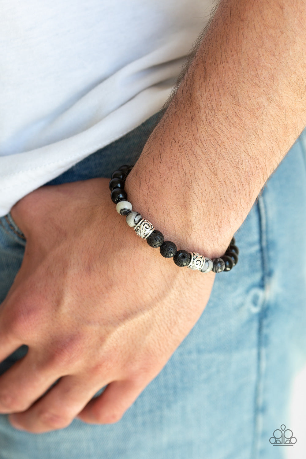 PROVERB - SILVER BLACK WHITE MARBLED BEADS LAVA STRETCH URBAN BRACELET