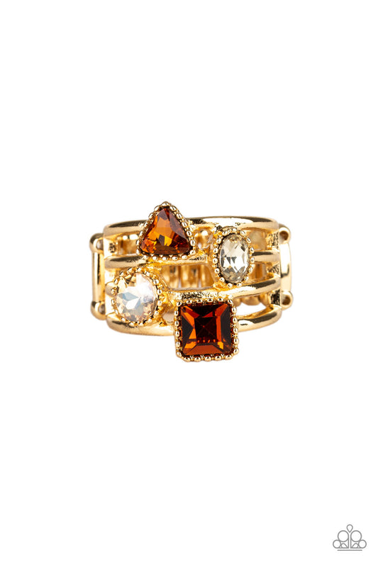 GEO JAZZ - BROWN TOPAZ RHINESTONE GOLD RING