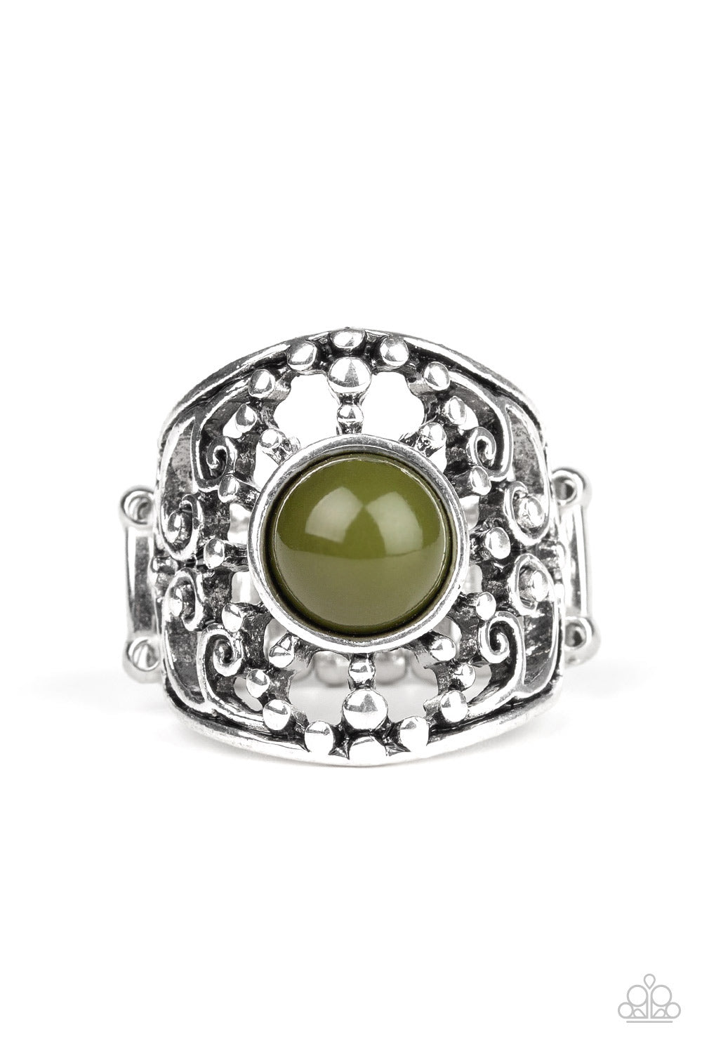 ON AN ADVENTURE - GREEN OLIVE SCROLL FILLIGREE SILVER RING