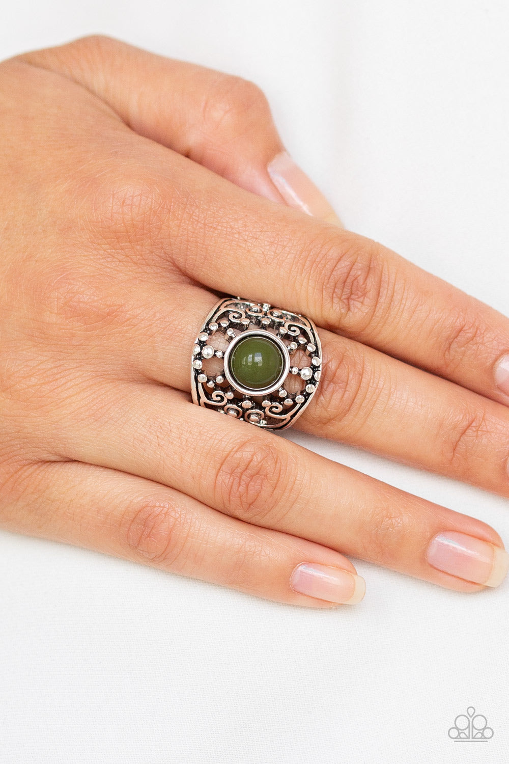 ON AN ADVENTURE - GREEN OLIVE SCROLL FILLIGREE SILVER RING