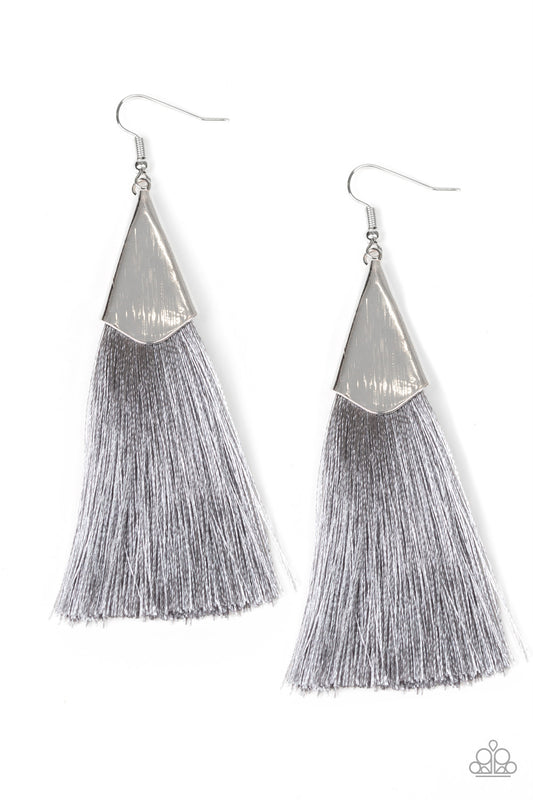 IN FULL PLUME - SILVER GRAY THREAD TASSEL FRINGE EARRINGS